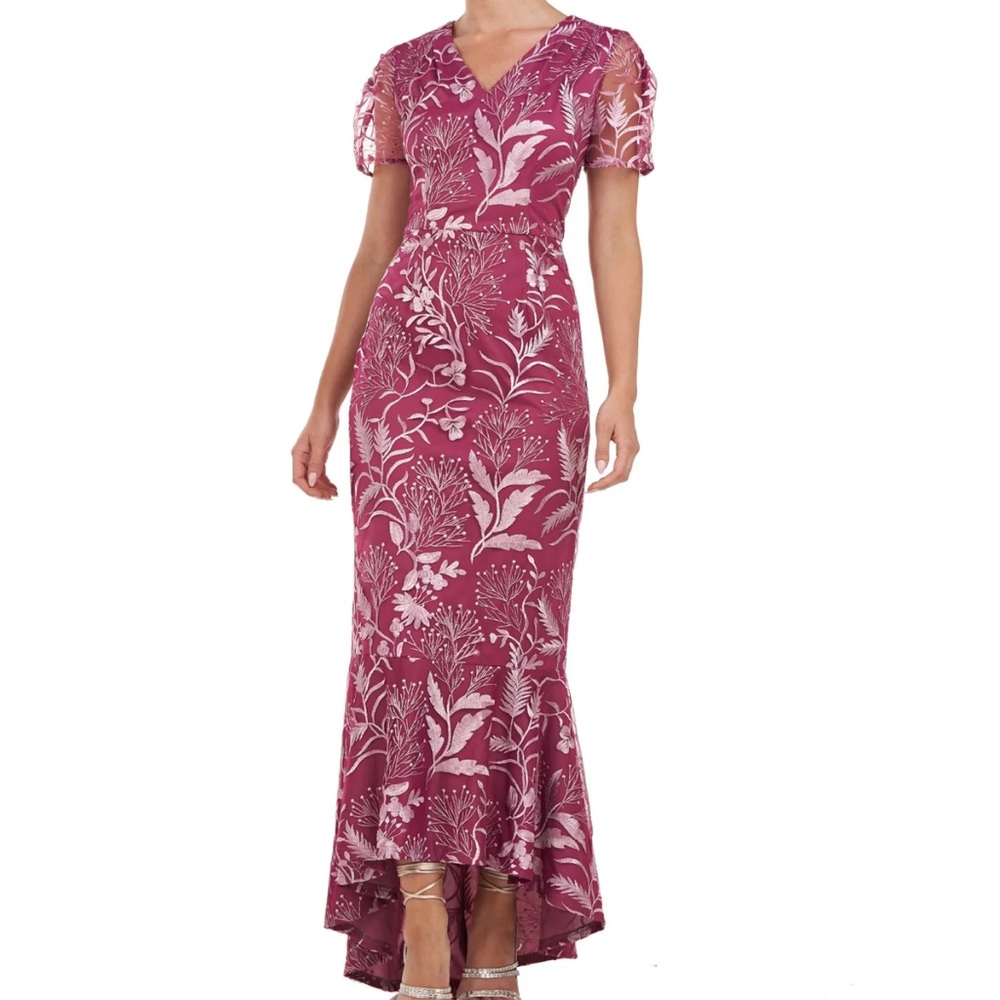 NWOT JS Collections mauve and light burgundy high low gown